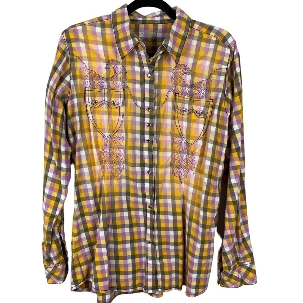 Wrangler Rock 47 Woven Sunbleach Plaid Snap Down Shirt Large Yellow Lilac
